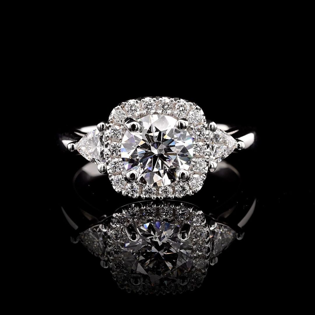 1.0ct-2.0ct Round Cut Halo Lab Grown Three Stone Diamond Engagement Ring