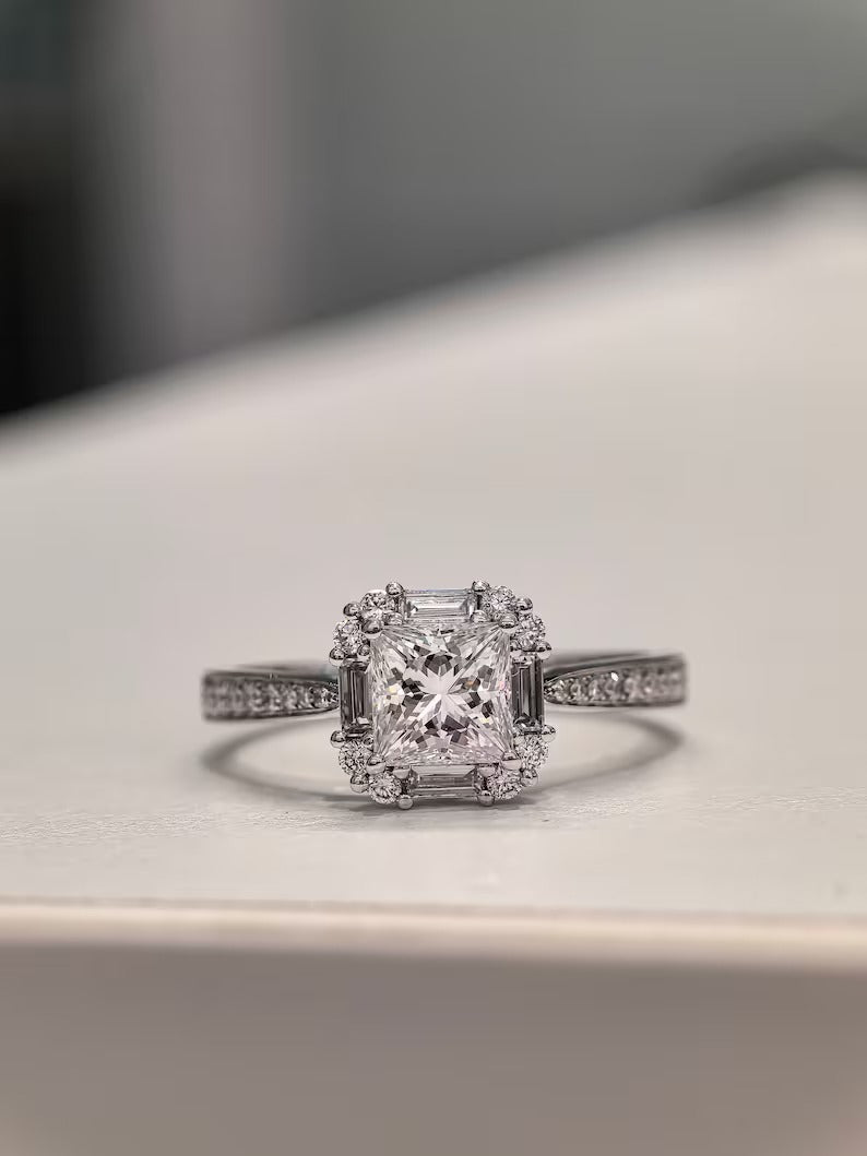 1.0ct-2.0ct Princess Cut Lab Grown Cluster Halo Diamond Engagement Ring