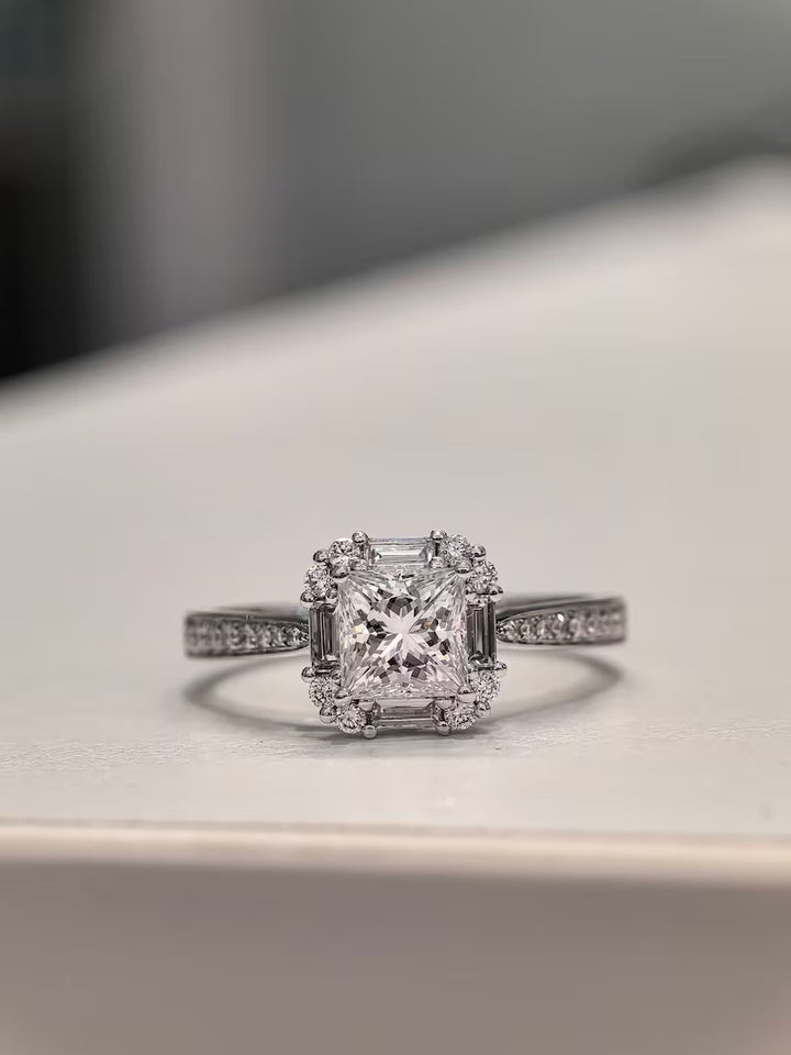 1.0ct-2.0ct Princess Cut Lab Grown Cluster Halo Diamond Engagement Ring