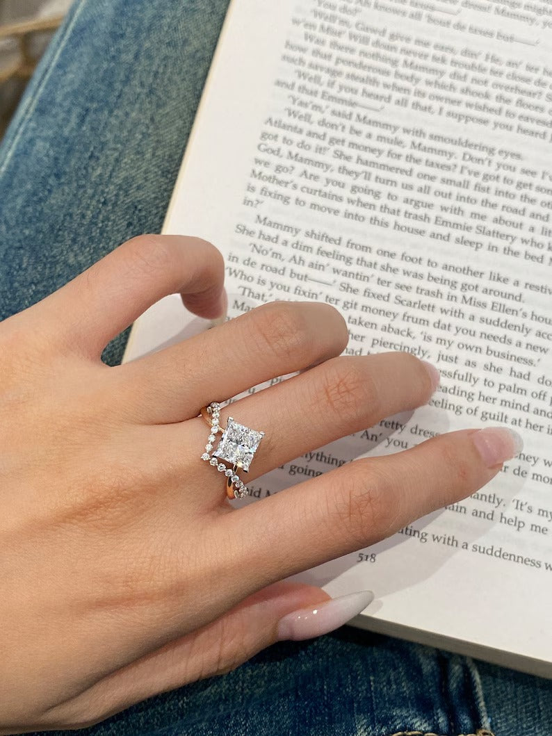 1.50ct-2.50ct Princess Cut Lab Grown Unique Pave Diamond Engagement Ring