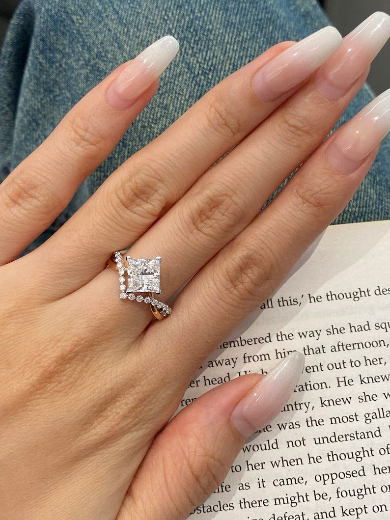 1.50ct-2.50ct Princess Cut Lab Grown Unique Pave Diamond Engagement Ring