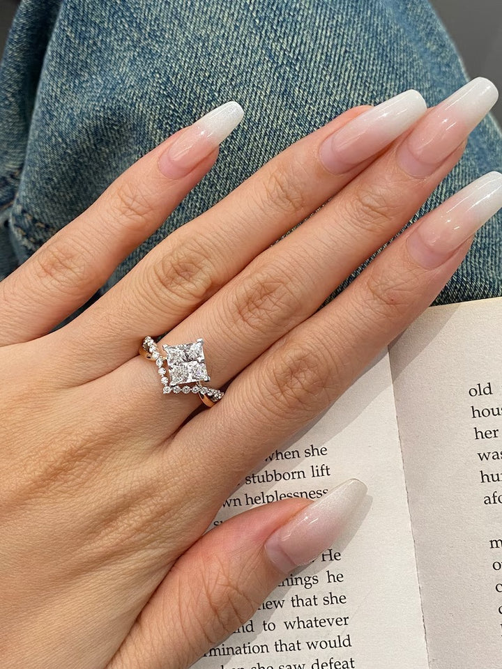 1.50ct-2.50ct Princess Cut Lab Grown Unique Pave Diamond Engagement Ring