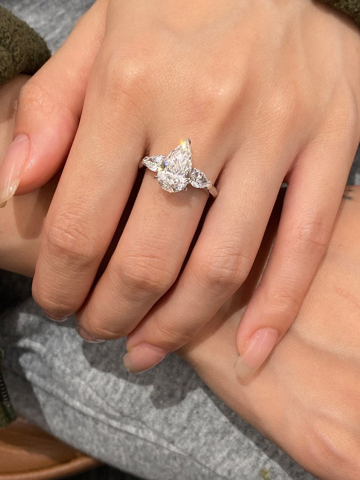 2.50ct-3.50ct Pear Cut Lab Grown Diamond Three Stone Engagement Ring