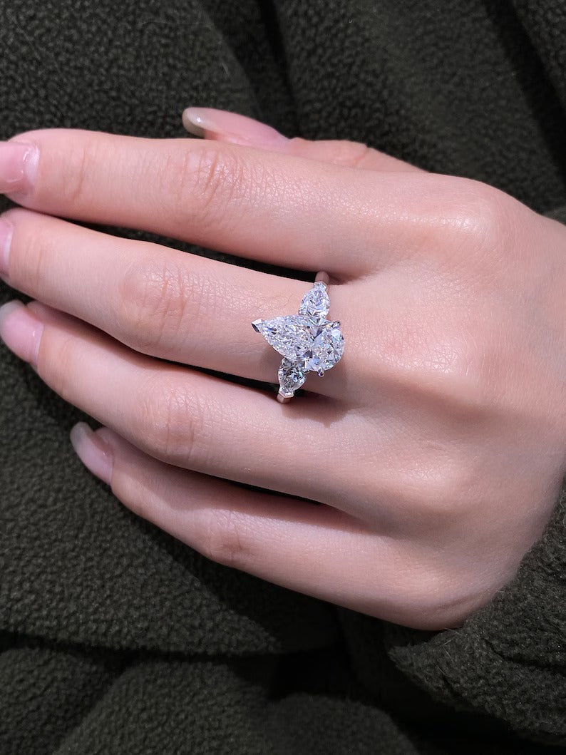 2.50ct-3.50ct Pear Cut Lab Grown Diamond Three Stone Engagement Ring