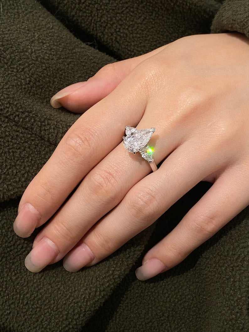 2.50ct-3.50ct Pear Cut Lab Grown Diamond Three Stone Engagement Ring