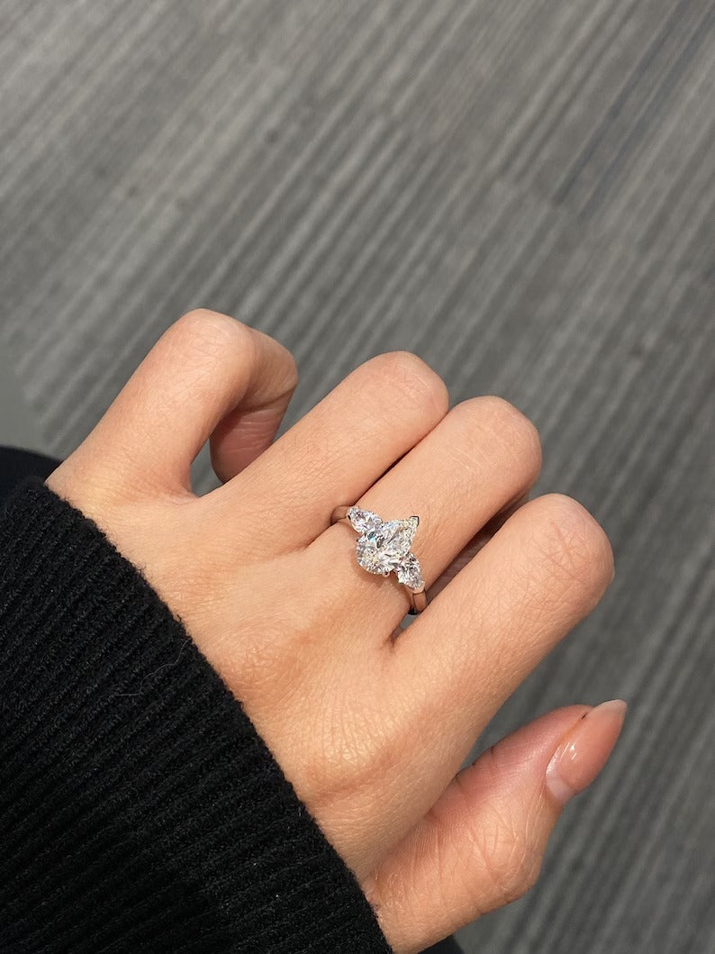 1.50ct-2.50ct Pear Cut Lab Grown Three Stone Diamond Engagement Ring