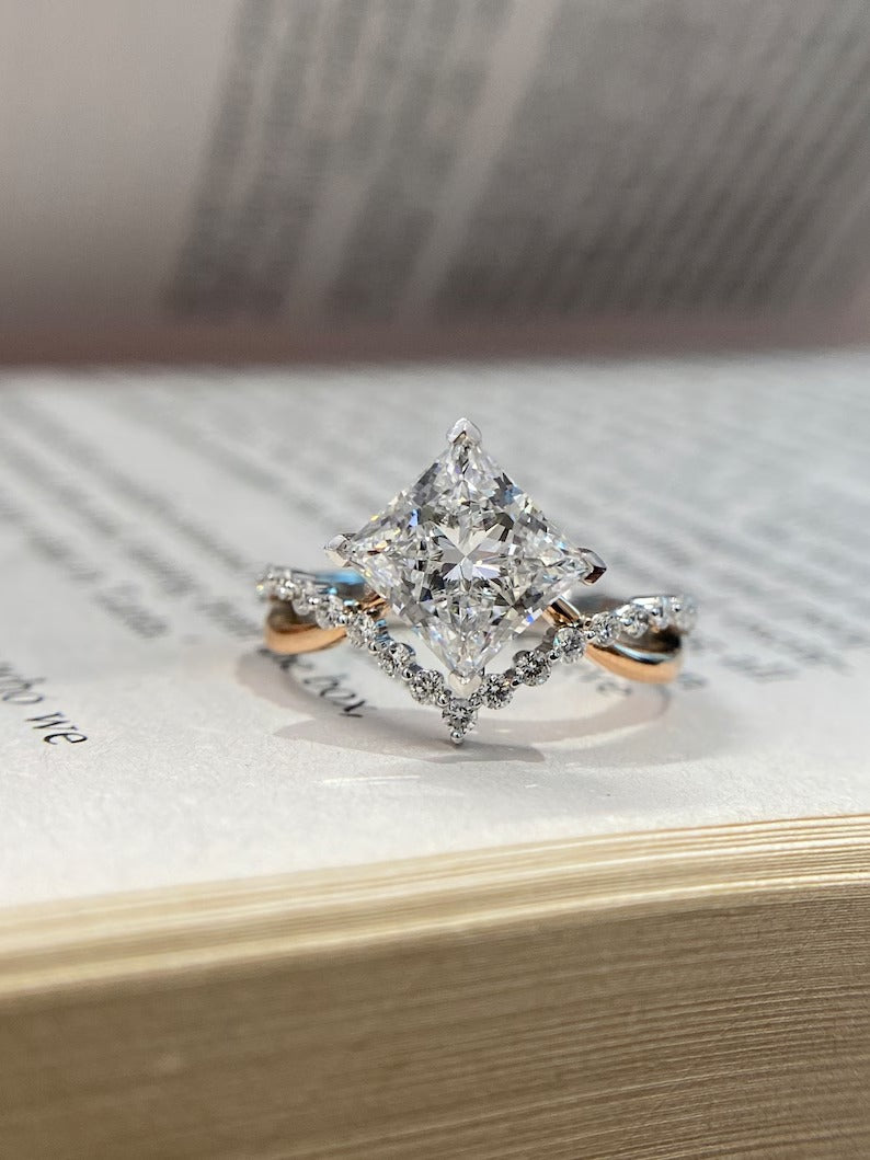 1.50ct-2.50ct Princess Cut Lab Grown Unique Pave Diamond Engagement Ring