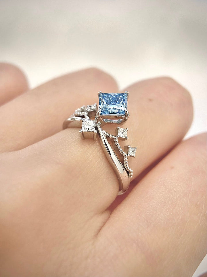 1.0ct-2.0ct Fancy Blue Princess Cut Lab Grown Unique Diamond Engagement Ring