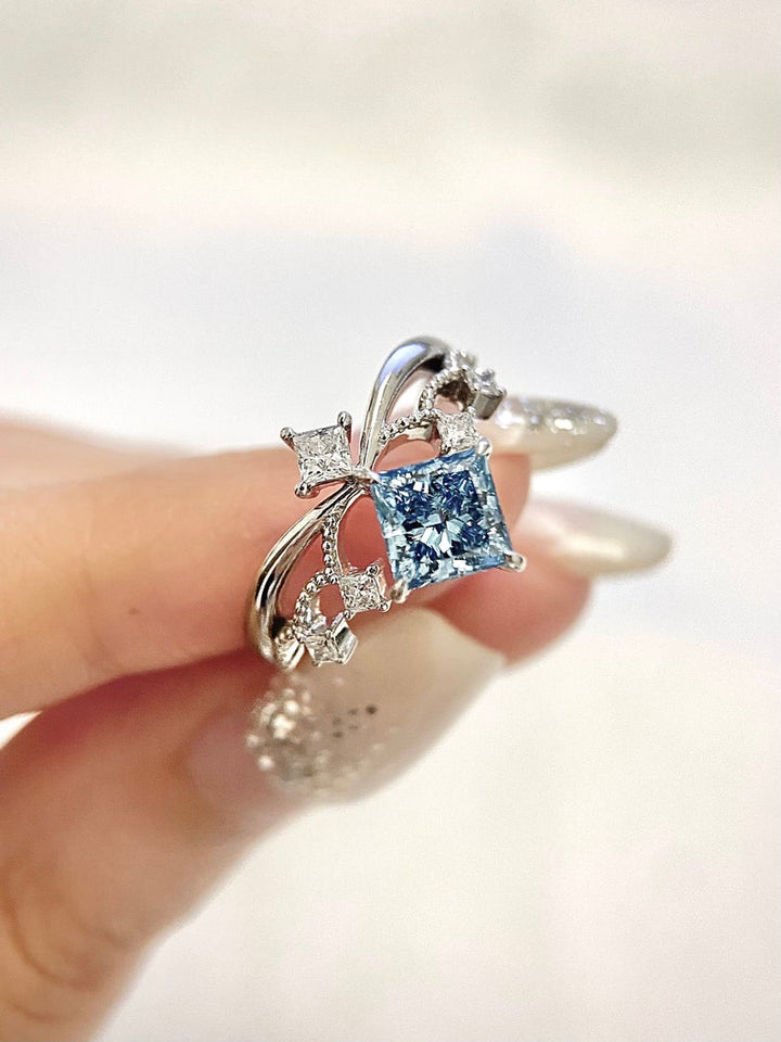 1.0ct-2.0ct Fancy Blue Princess Cut Lab Grown Unique Diamond Engagement Ring