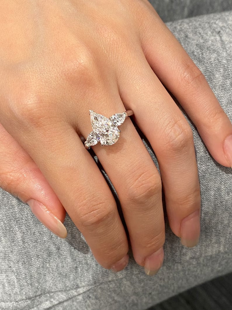 2.50ct-3.50ct Pear Cut Lab Grown Diamond Three Stone Engagement Ring