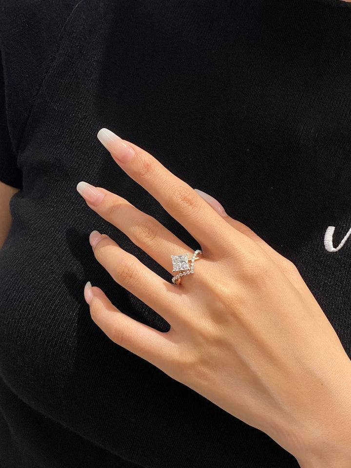 1.50ct-2.50ct Princess Cut Lab Grown Unique Pave Diamond Engagement Ring