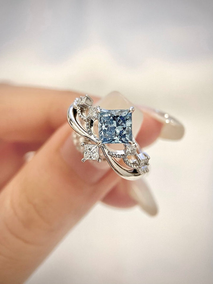 1.0ct-2.0ct Fancy Blue Princess Cut Lab Grown Unique Diamond Engagement Ring