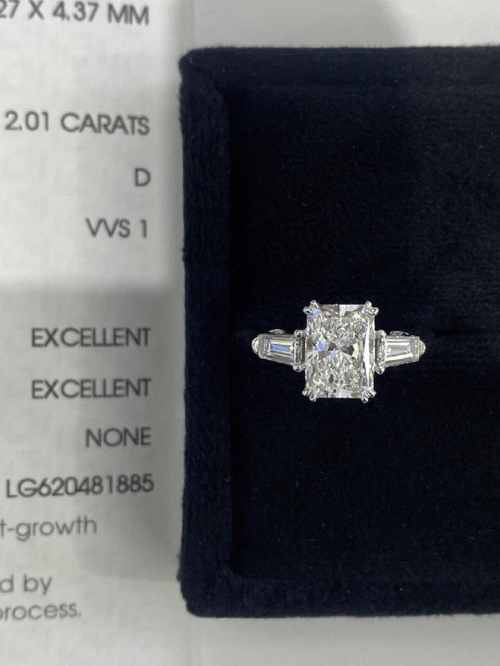 1.50ct-2.50ct Radiant Cut Lab Grown Diamond Three Stone Engagement Ring