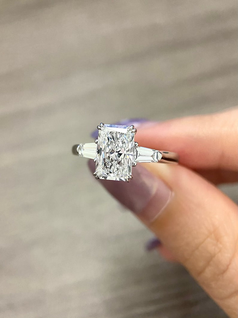 1.50ct-2.50ct Radiant Cut Lab Grown Three Stone Diamond Engagement Ring