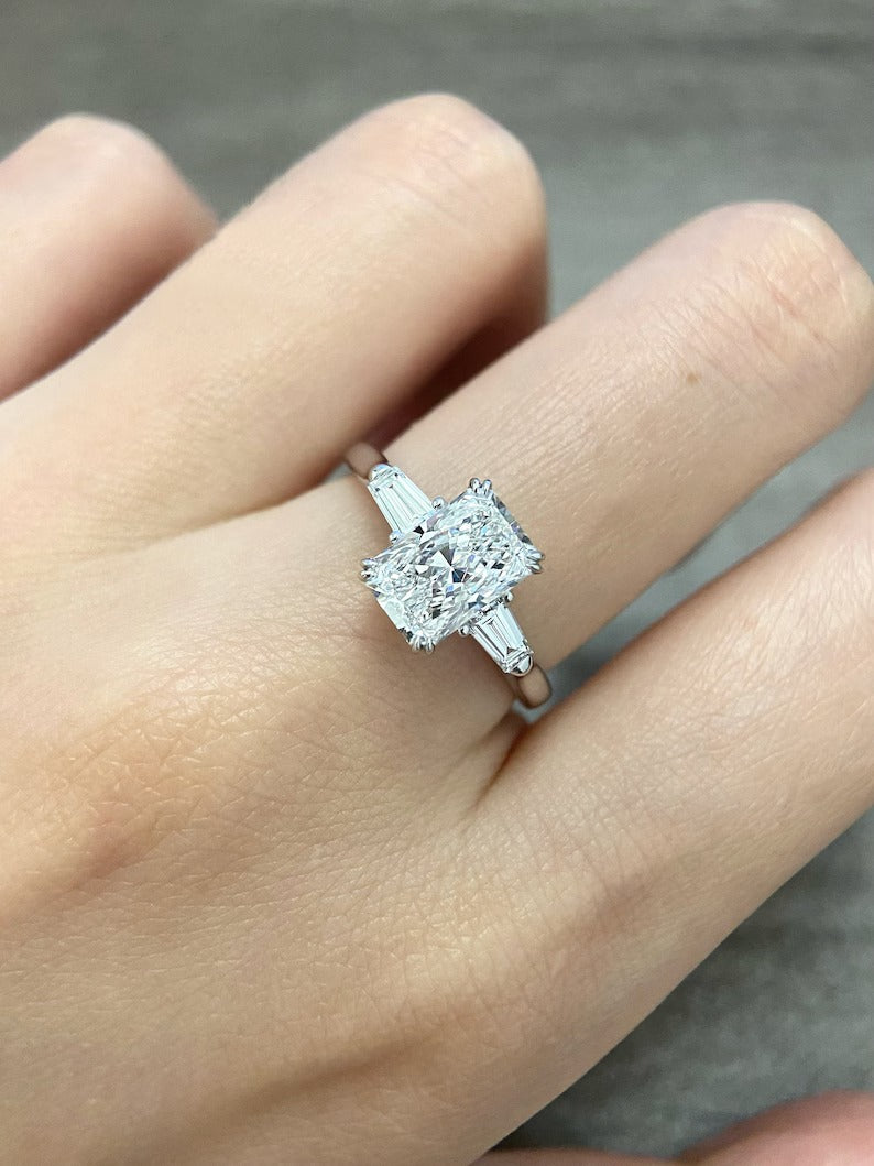 1.50ct-2.50ct Radiant Cut Lab Grown Three Stone Diamond Engagement Ring