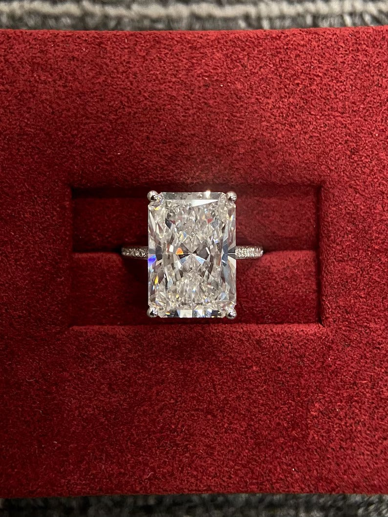 8.0ct-10.0ct Radiant Cut Lab Grown Low Set Diamond Pave Engagement Ring