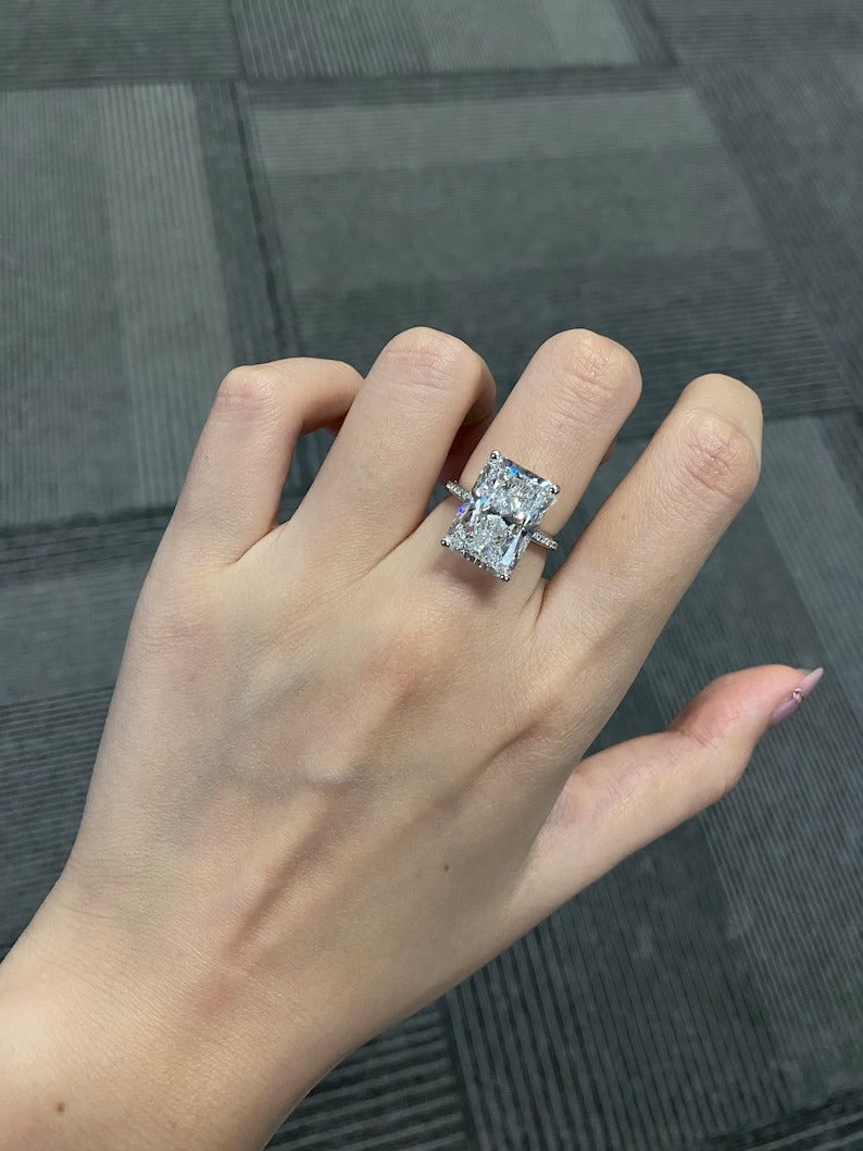 8.0ct-10.0ct Radiant Cut Lab Grown Low Set Diamond Pave Engagement Ring