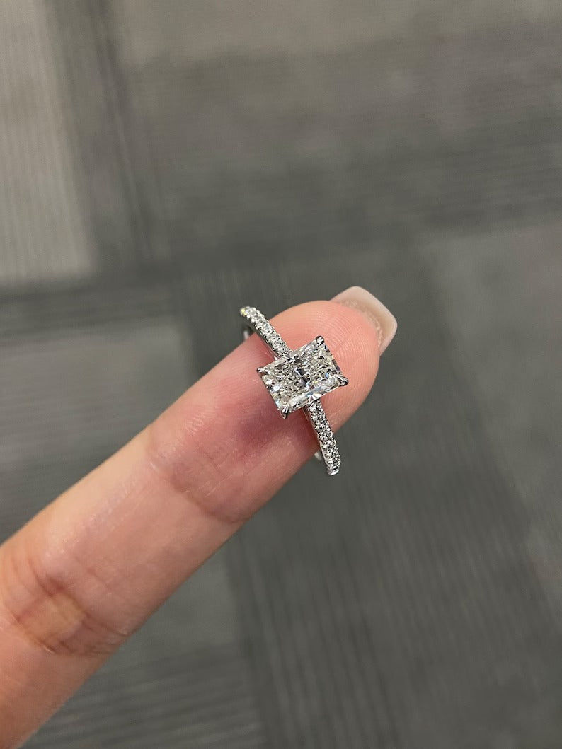 1.0ct-2.0ct Radiant Cut Lab Grown Pave Diamond Engagement Ring