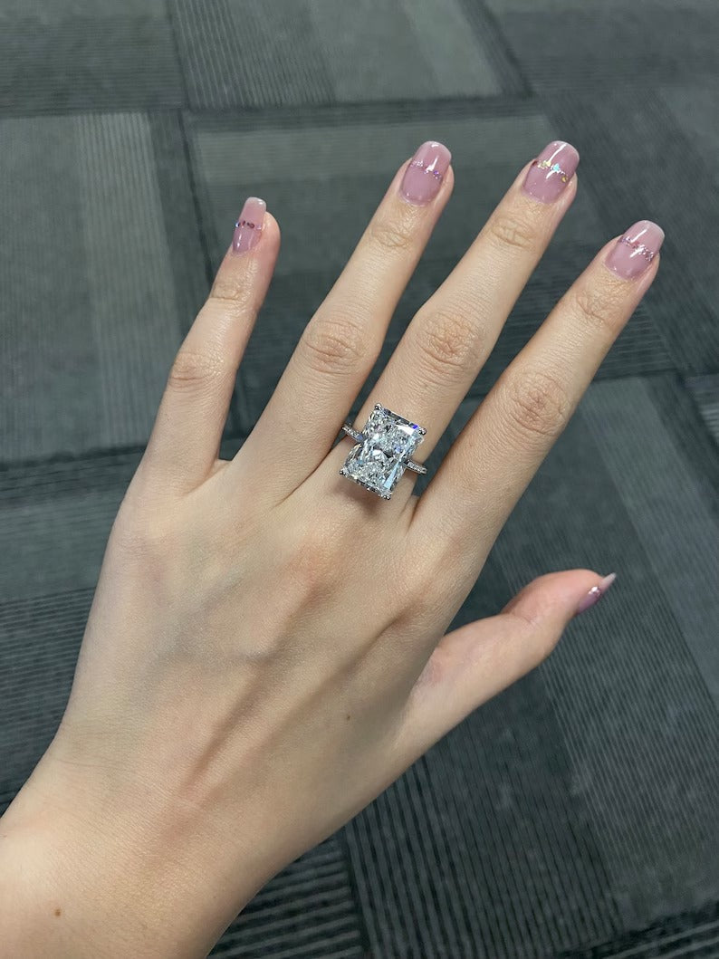 8.0ct-10.0ct Radiant Cut Lab Grown Low Set Diamond Pave Engagement Ring
