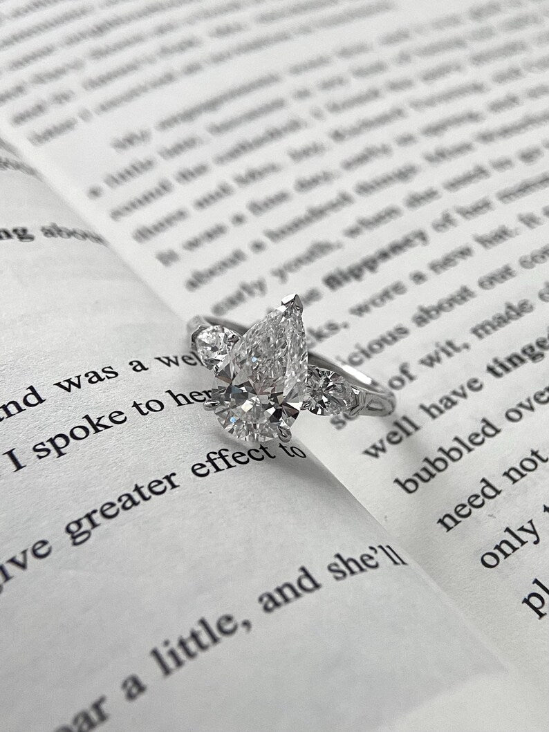 2.50ct-3.50ct Pear Cut Lab Grown Diamond Three Stone Engagement Ring