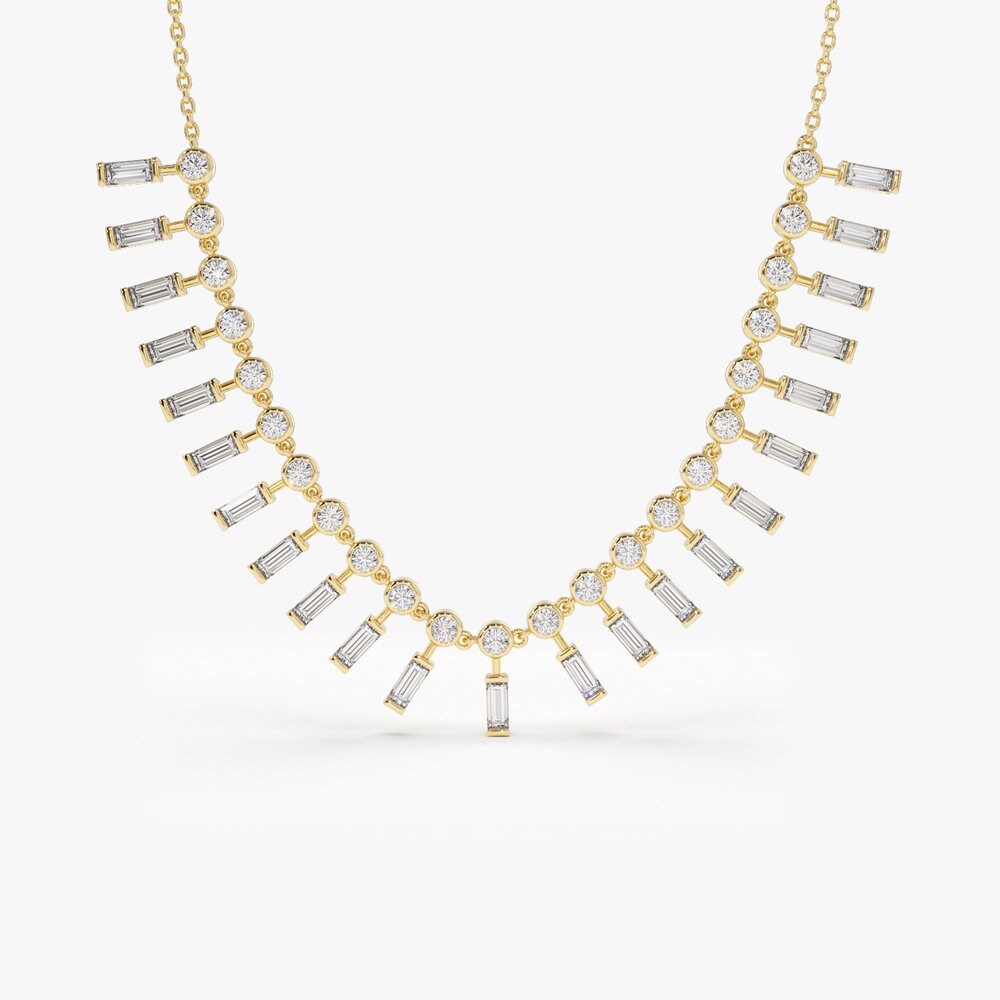Baguette and Round Lab Grown Diamond Necklace In Gold