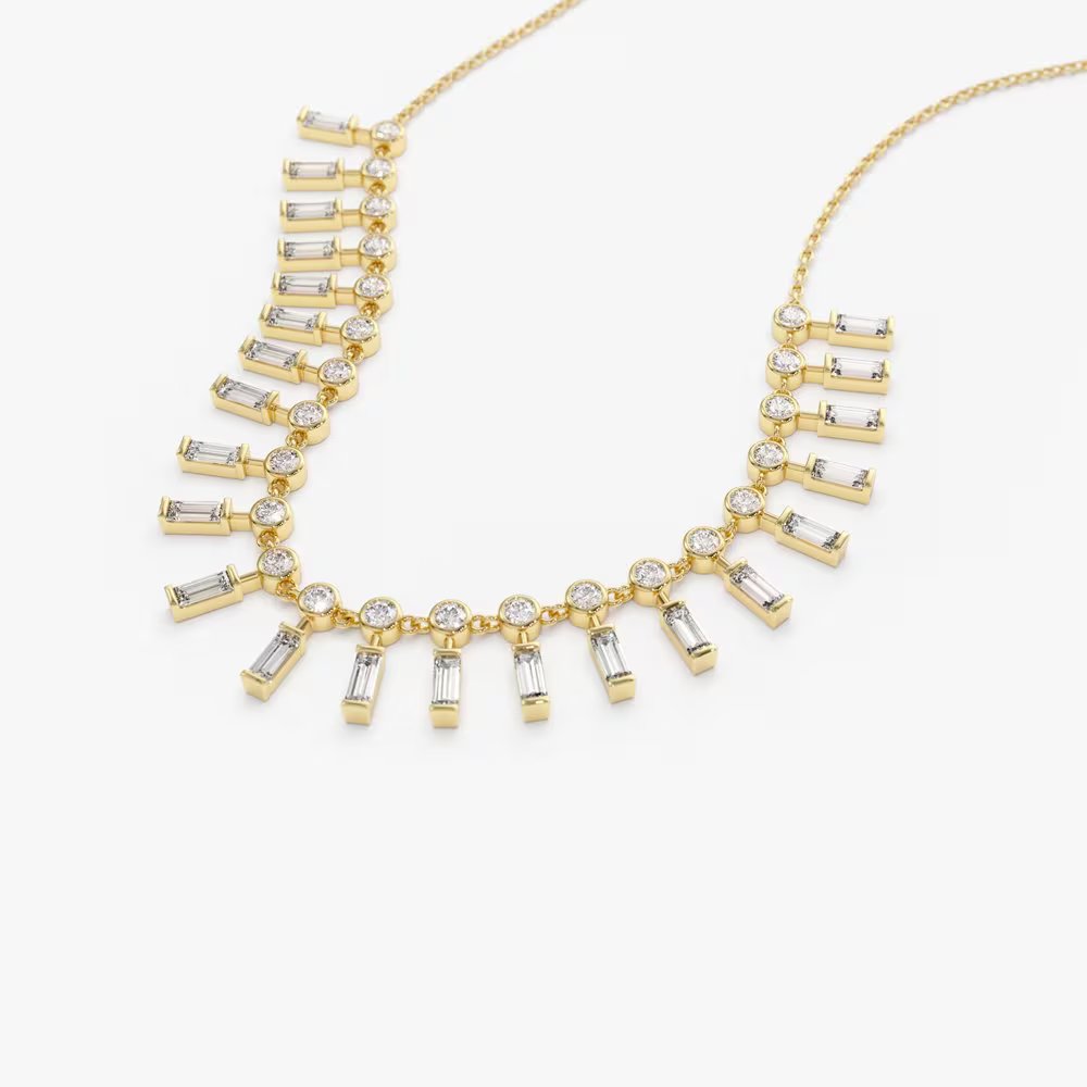 Baguette and Round Lab Grown Diamond Necklace In Gold