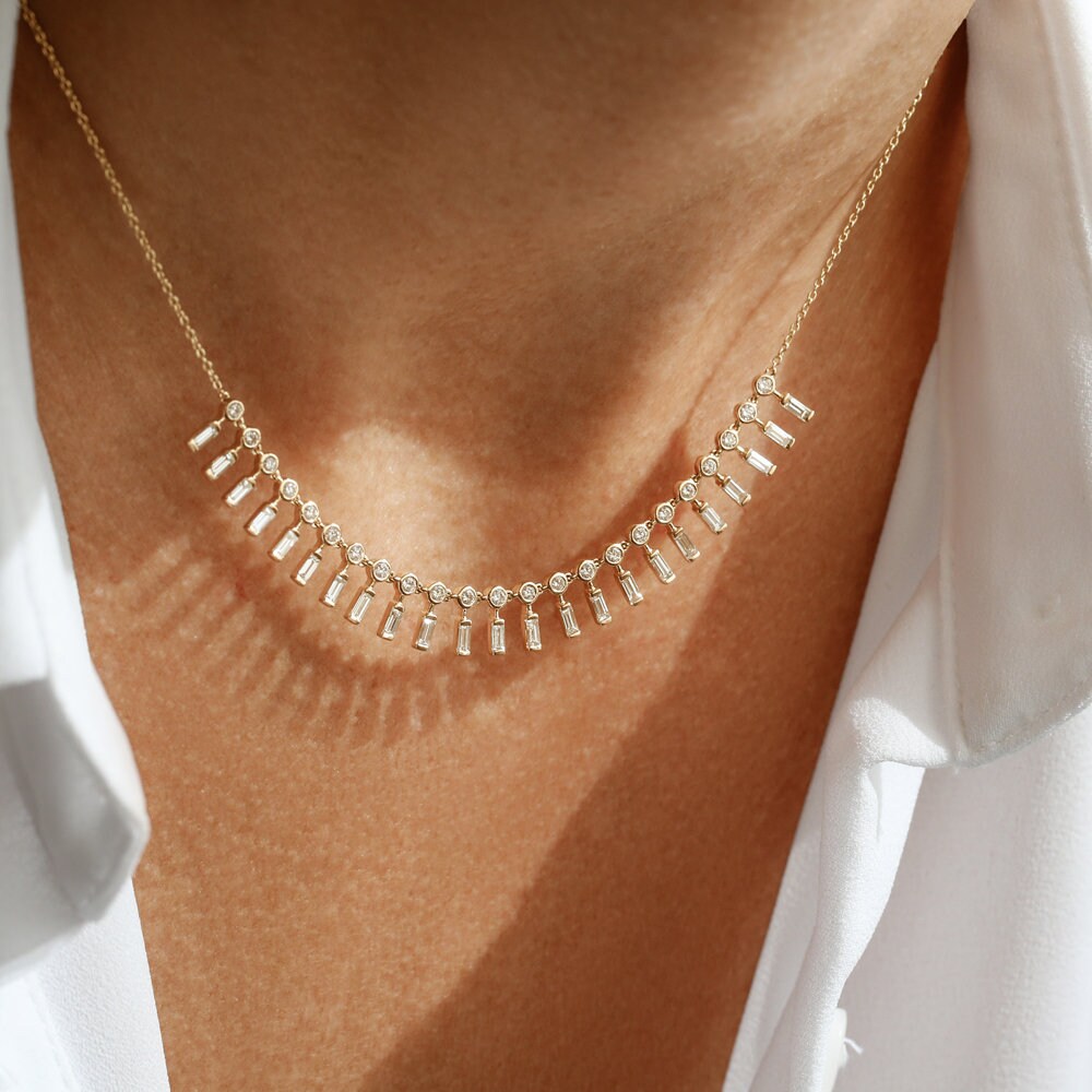 Baguette and Round Lab Grown Diamond Necklace In Gold