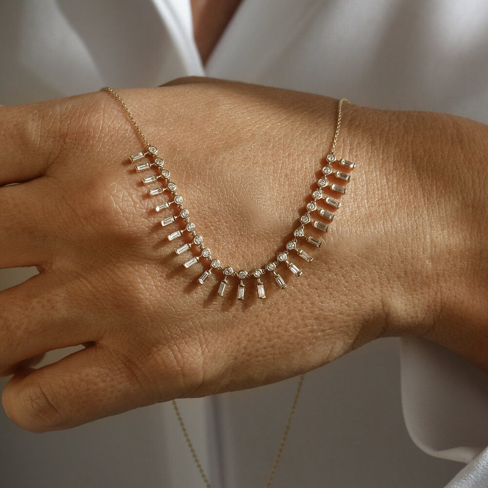Baguette and Round Lab Grown Diamond Necklace In Gold
