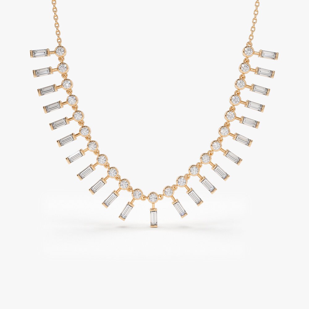 Baguette and Round Lab Grown Diamond Necklace In Gold
