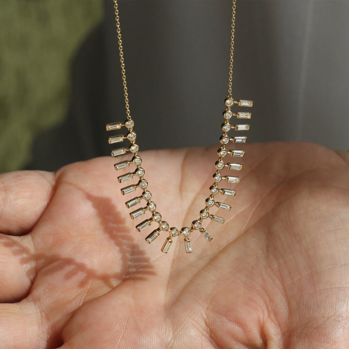 Baguette and Round Lab Grown Diamond Necklace In Gold