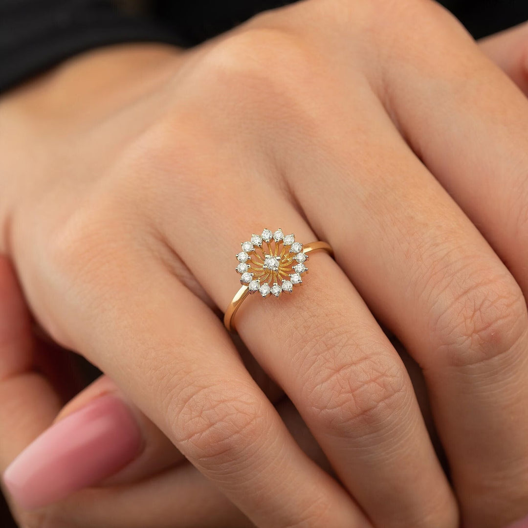 Round Cut Flower Lab Grown Diamond Wedding Band in Gold