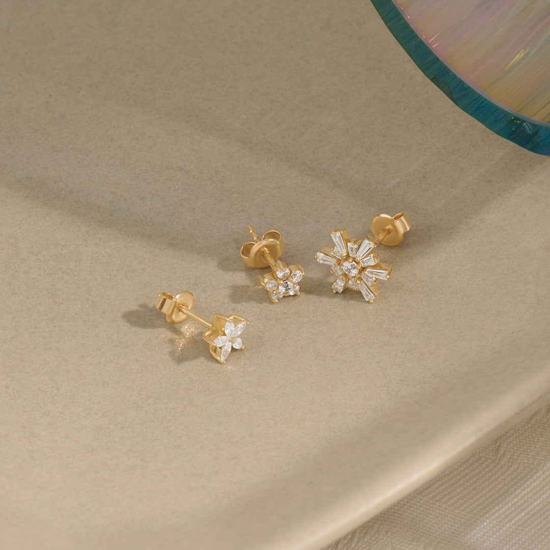 Marquise Cut Lab Grown Diamond Flower Earrings in Yellow Gold