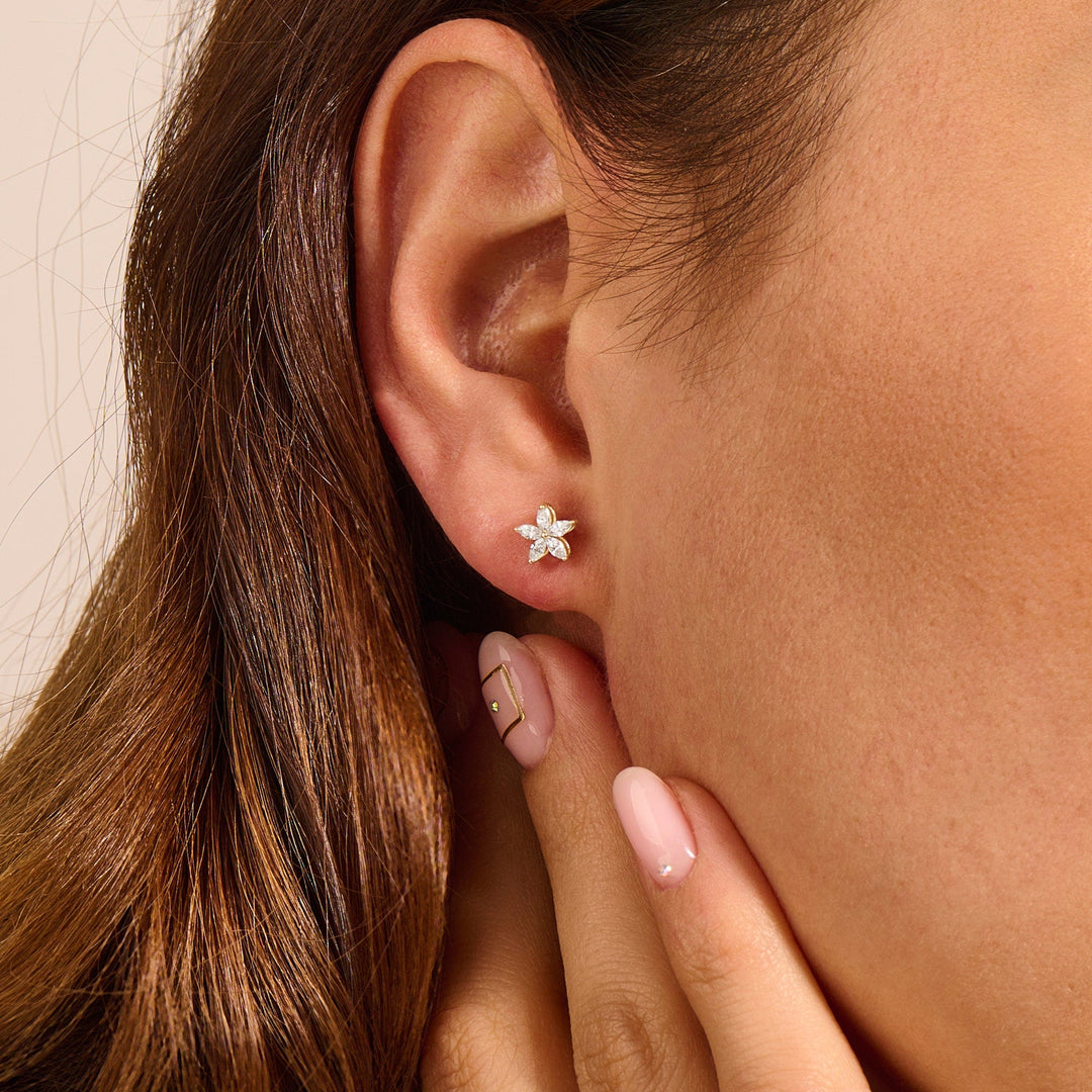 Marquise Cut Lab Grown Diamond Flower Earrings in Yellow Gold