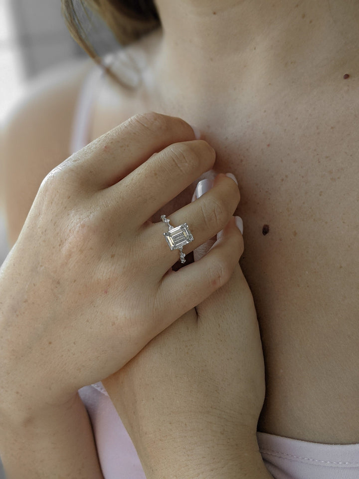 3.2ct Emerald G- VS1 Lag Grown Diamond Dainty Pave Engagement Ring