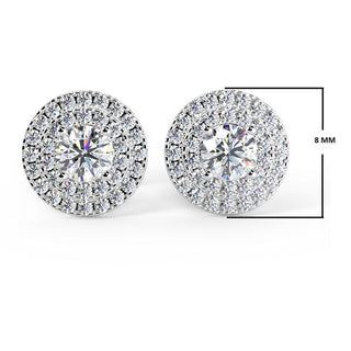 Round Cut Moissanite Double Halo Diamond Earrings in White Gold
