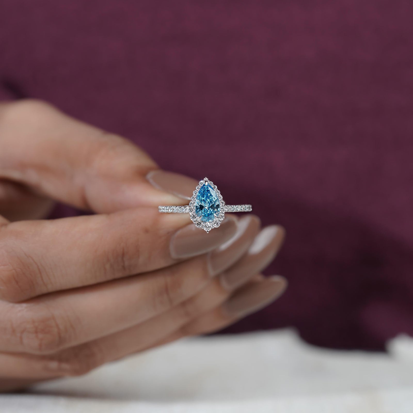 Blue Pear Diamond Halo Engagement Ring1.50 Carat Blue Diamond Halo RingFancy Blue Pear Cut Diamond Ring