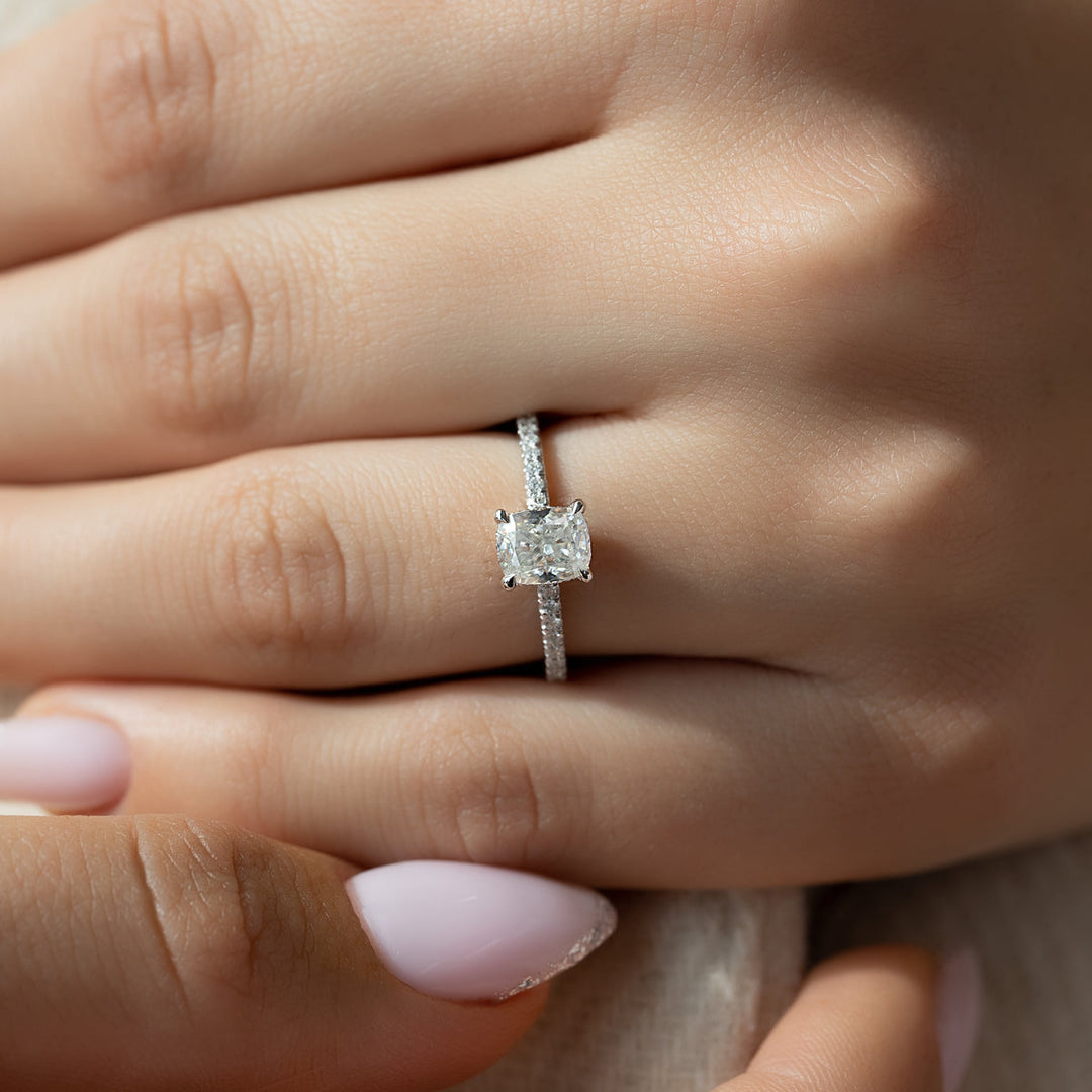 1.50CT Elongated Cushion Lab Grown F/VVS2 Diamond Hidden Halo Engagement Ring