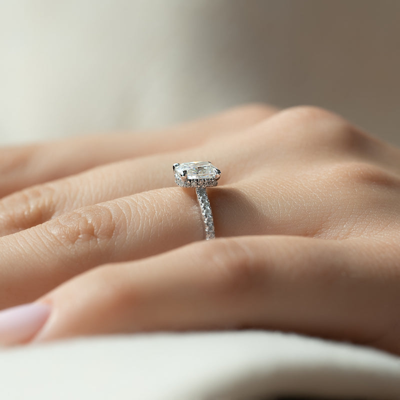 1.50CT Elongated Cushion Lab Grown F/VVS2 Diamond Hidden Halo Engagement Ring
