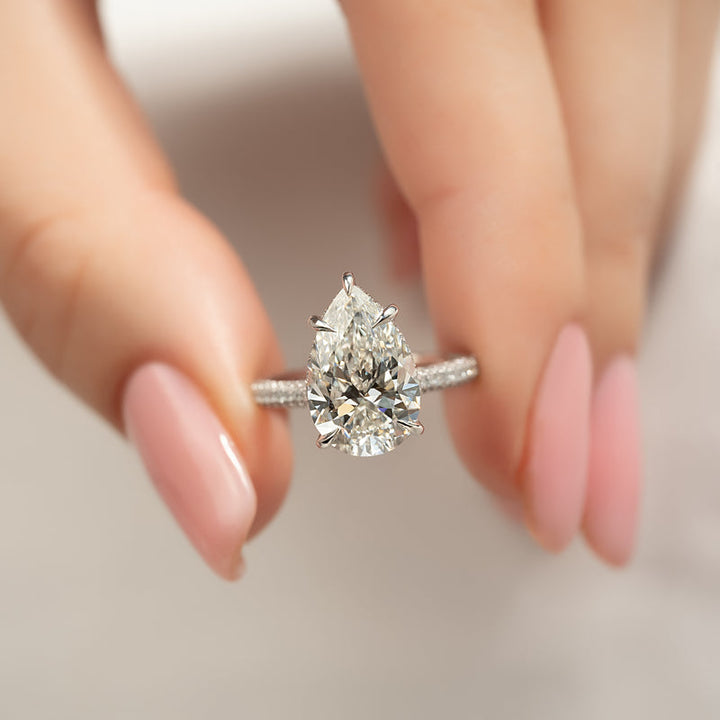 3.50CT Pear Lab Grown E/VVS1 Diamond Three Side Pave Engagement Ring