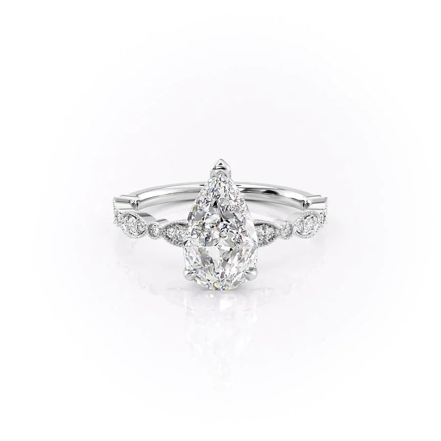 3.0CT Pear Lab Grown E/VS2 Milgrain Pave Diamond Engagement Ring