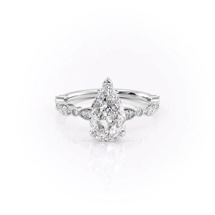 3.0CT Pear Lab Grown E/VS2 Milgrain Pave Diamond Engagement Ring