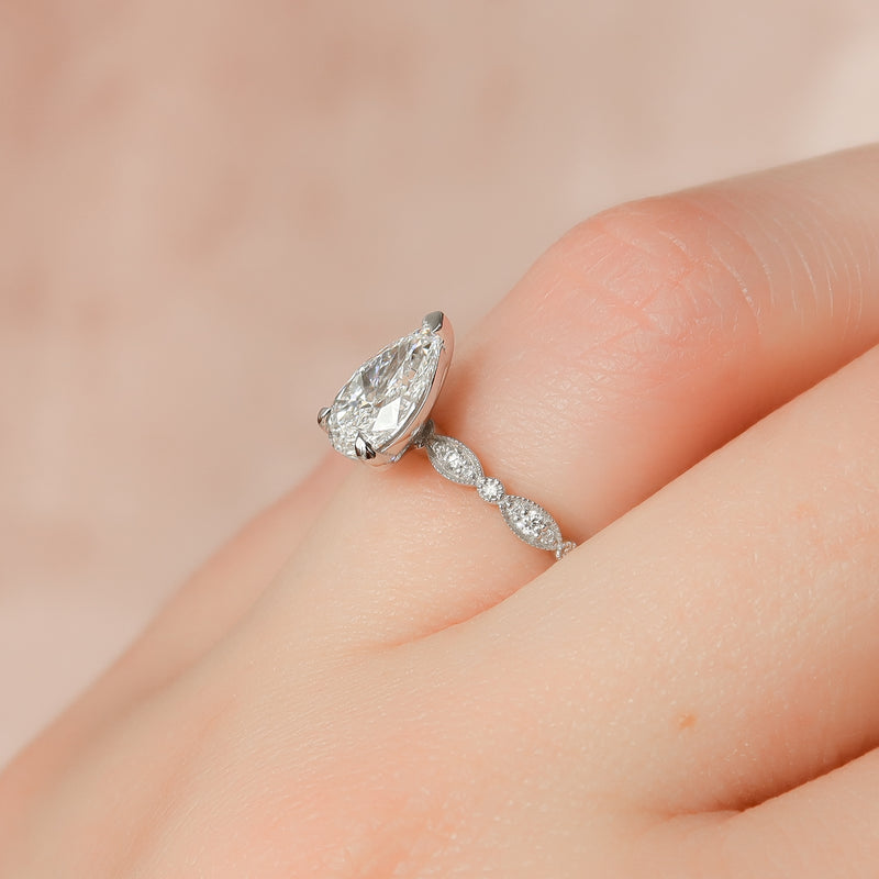 3.0CT Pear Lab Grown E/VS2 Milgrain Pave Diamond Engagement Ring