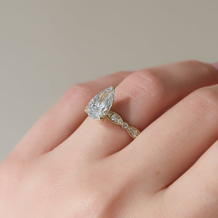 3.0CT Pear Lab Grown E/VS2 Milgrain Pave Diamond Engagement Ring