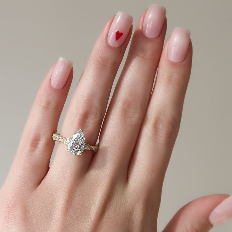 3.0CT Pear Lab Grown E/VS2 Milgrain Pave Diamond Engagement Ring