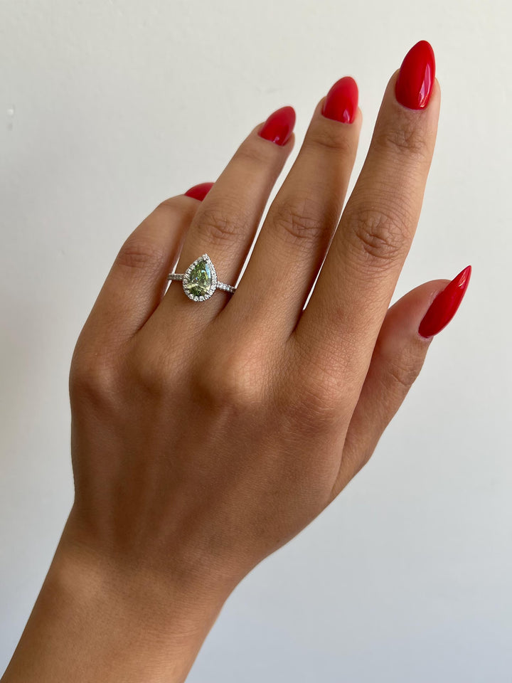 Lab Grown Green Diamond Pave Ring1 Carat Green Pear Diamond Halo RingFancy Vivid Green Lab Created DiamondPear Shaped Green Diamond Pave Band