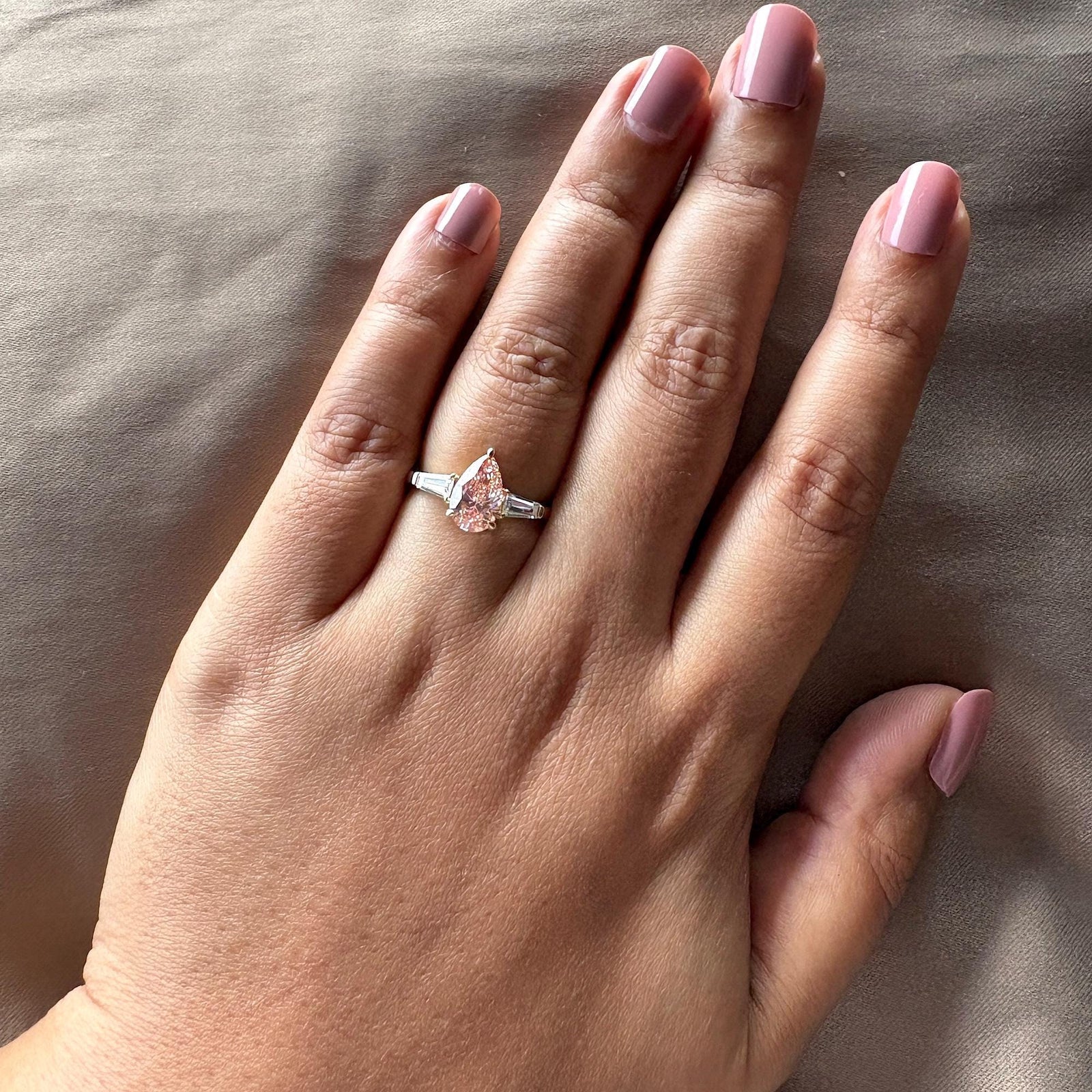 Pear Cut Pink Engagement RingThree Stone Pear Diamond Ring2.0CT Pink Lab Diamond JewelryPink Pear Three Stone RingLab Created Pink Diamond RingFancy Pink Pear Cut Diamond2.0 Carat Pear Lab Diamond