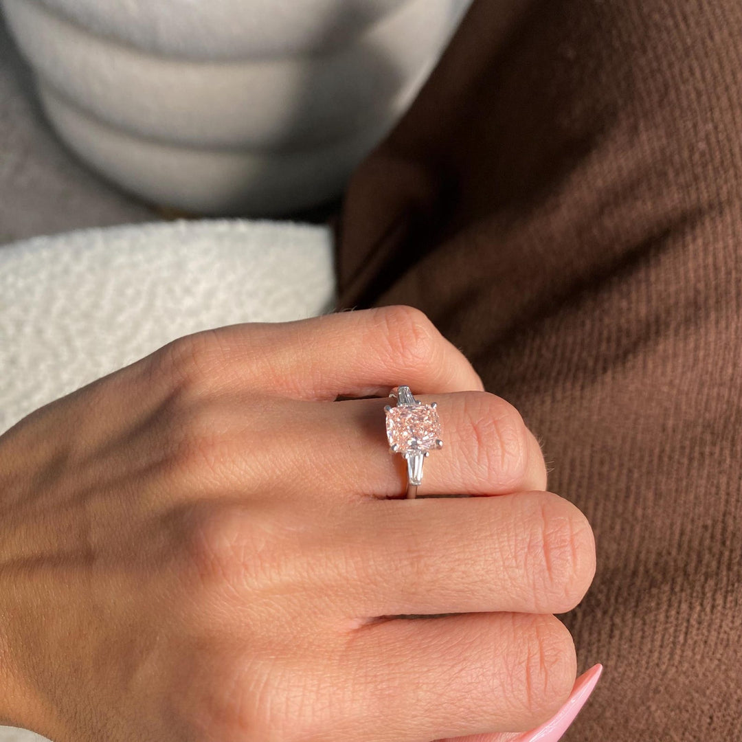 2.0ct Pink Lab Diamond Three StoneLab Grown Pink Cushion Diamond PricePink Cushion Cut Ring with Pear Side Stones