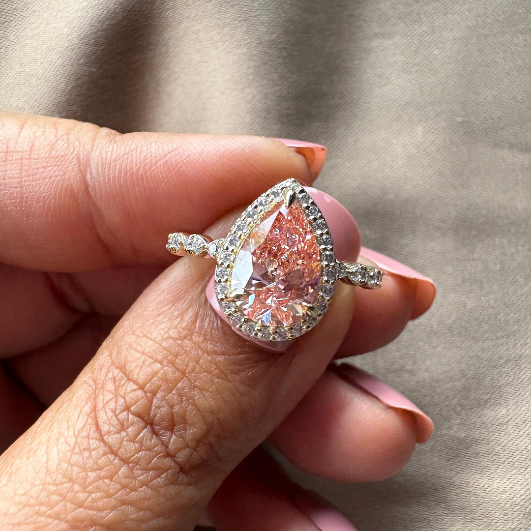 2.0ct pear shape, 14k rose gold pink diamond, 18k white gold halo, platinum pear setting, vvs pink lab diamond, pink pear with pave band, pear cut halo setting, conflict-free pink diamond, pink anniversary ring, pink teardrop engagement ring.