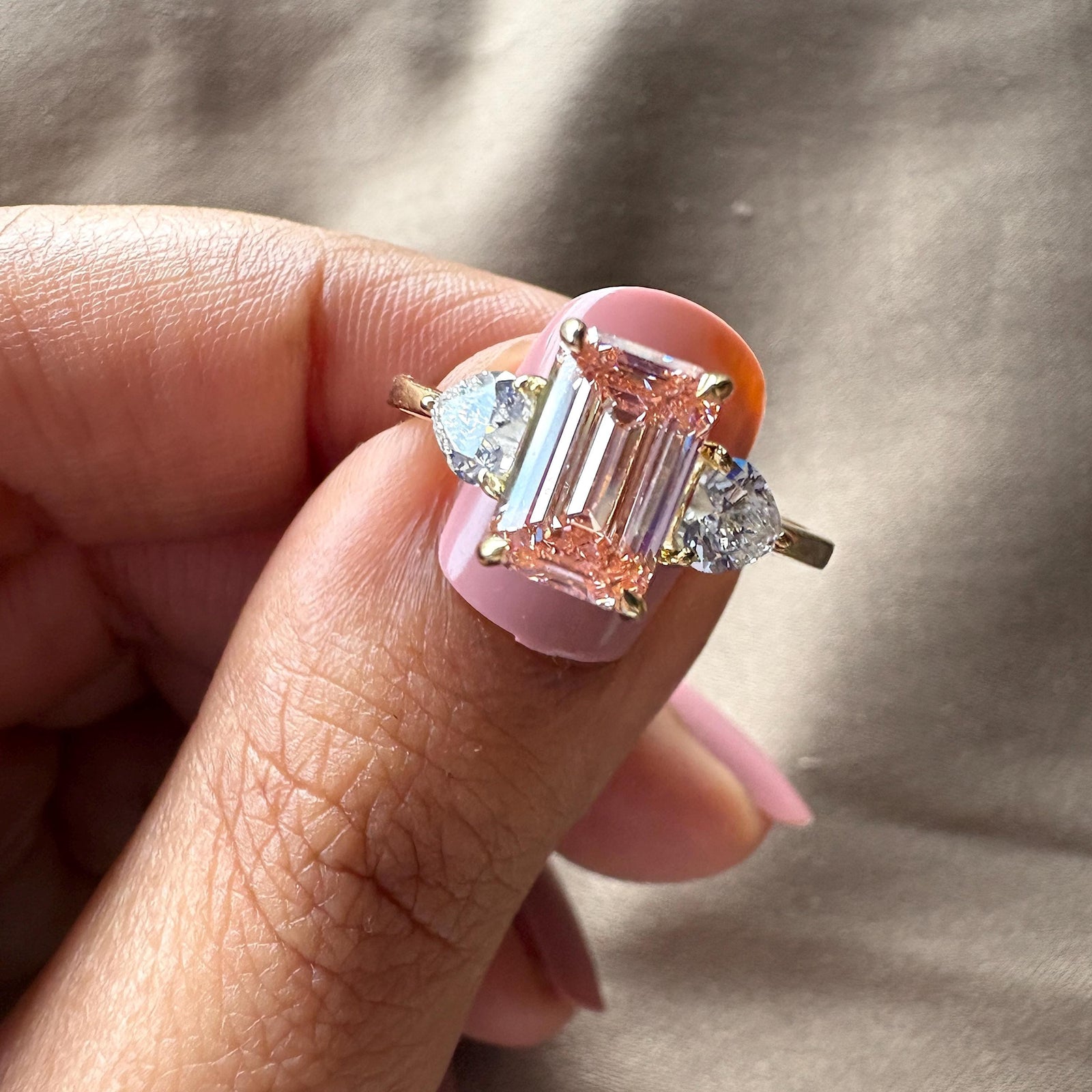 Pink Emerald Cut Lab DiamondThree Stone Pink Diamond RingEmerald Cut with Heart Side Stones2.50CT Pink Engagement RingPink Lab Grown Diamond Ring