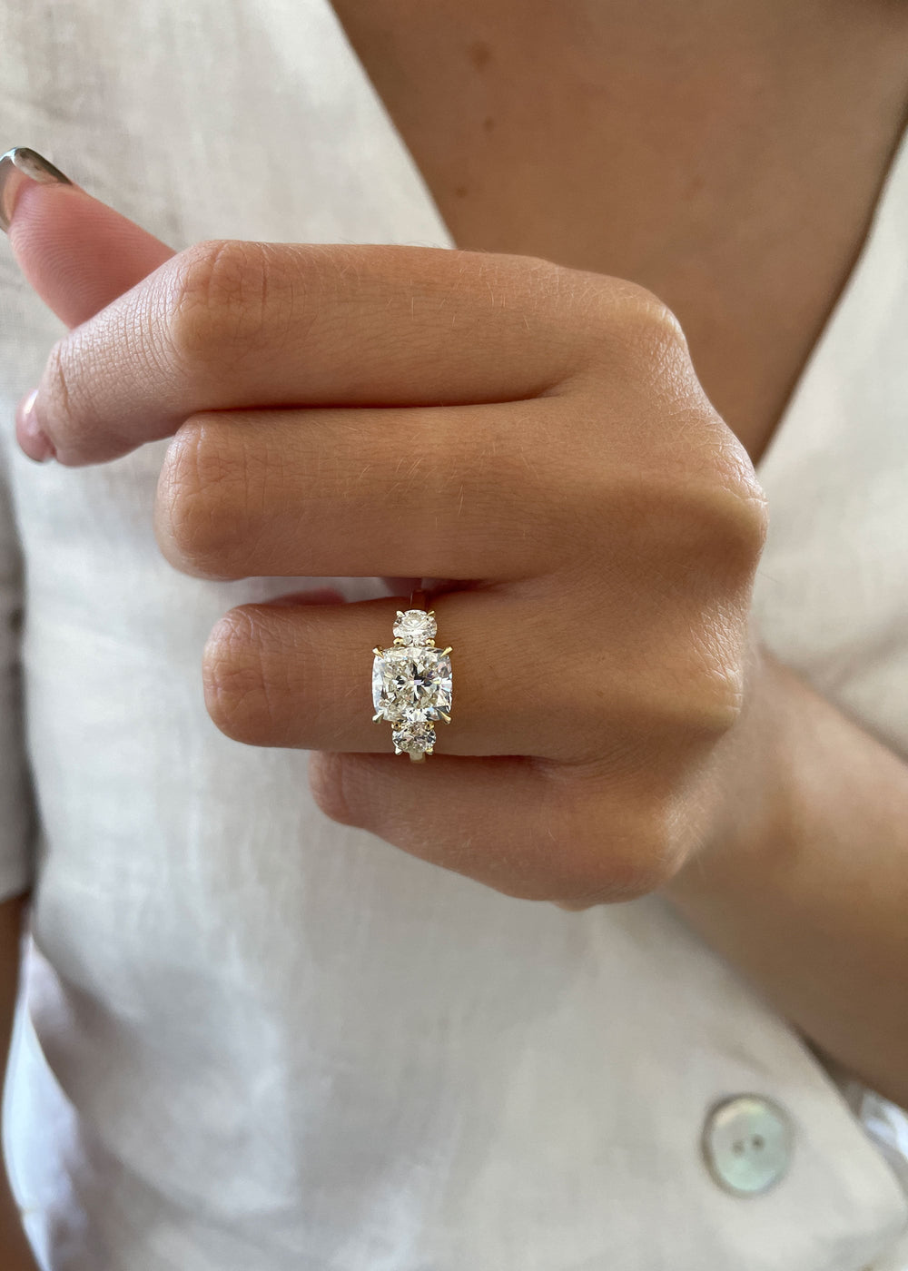 2.6ct Cushion G-VS2 Lab Grown Diamond Three Stones Engagement Ring